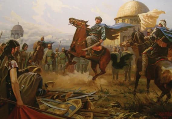 Ilustrasi berkuda berlatar bangunan berkubah dari poster sejarah Palestina